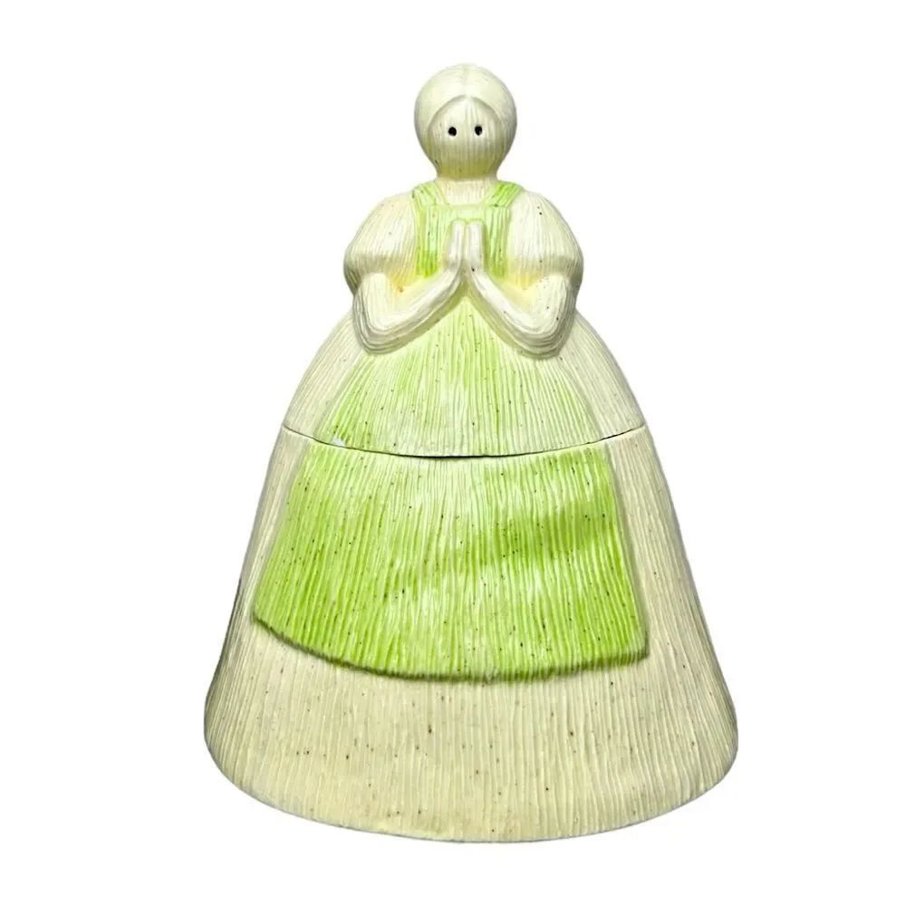 Vintage Ceramic Cookie Jar Woman Praying Hands Mint Green Apron 9" Tall
